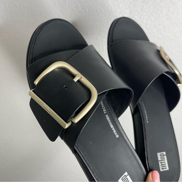 FitFlop Gracie Leather Slides Black Gold Buckle Slip On Size 8 - Picture 2 of 4